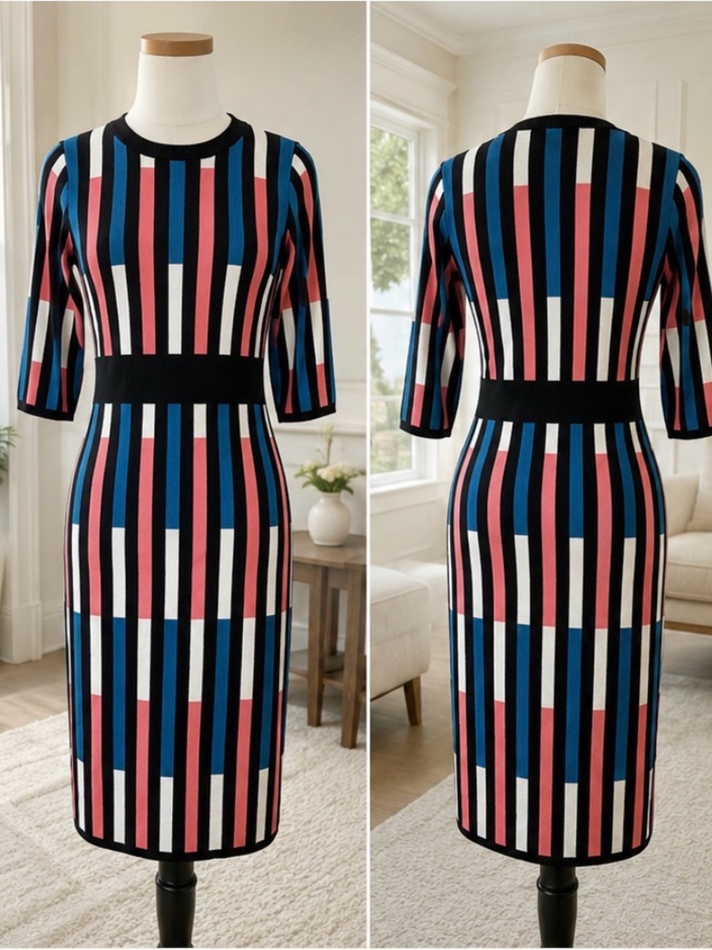 Striped Sheath Midi Dress in Blue, Pink & Black